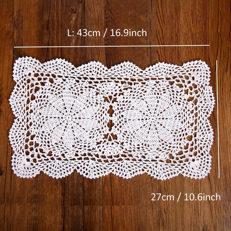 Eiyye 2-Pieces Handmade Cotton Crochet Doilies Rectangle Lace Table Crochet Placemats 10.6x16.9 Inch (White) - Image 2